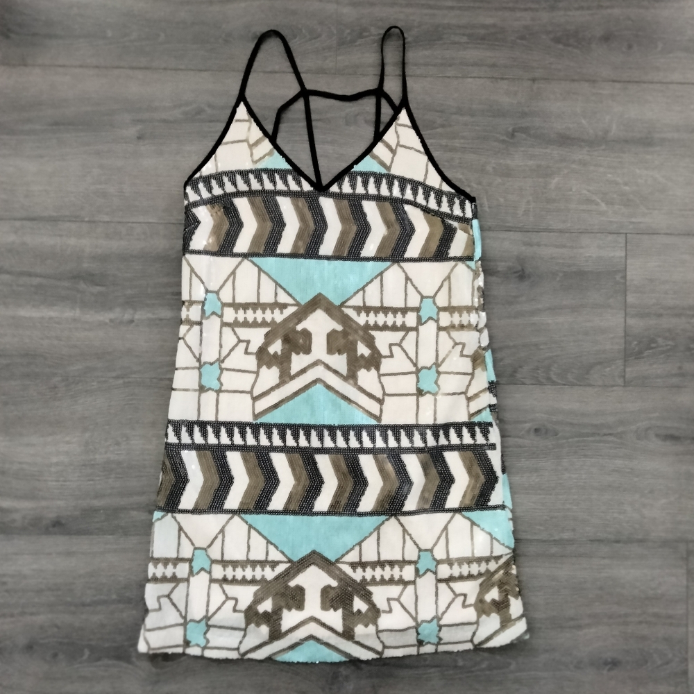 Lush Multicolor Tribal Aztec Print Mini Sequin Party Cocktail Dress Women's Sz S